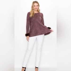 JOH Faux Suede Mauve Long Sleeve Top with Faux Fur Cuffs Sz M